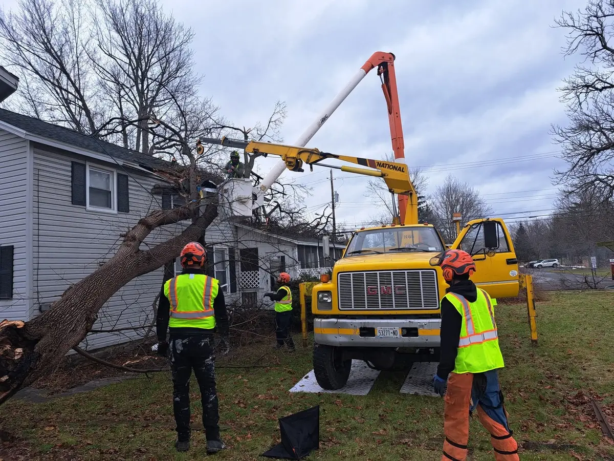 Tubbs Tree Service crew removing a storm-damaged tree from a house with a crane and bucket truck