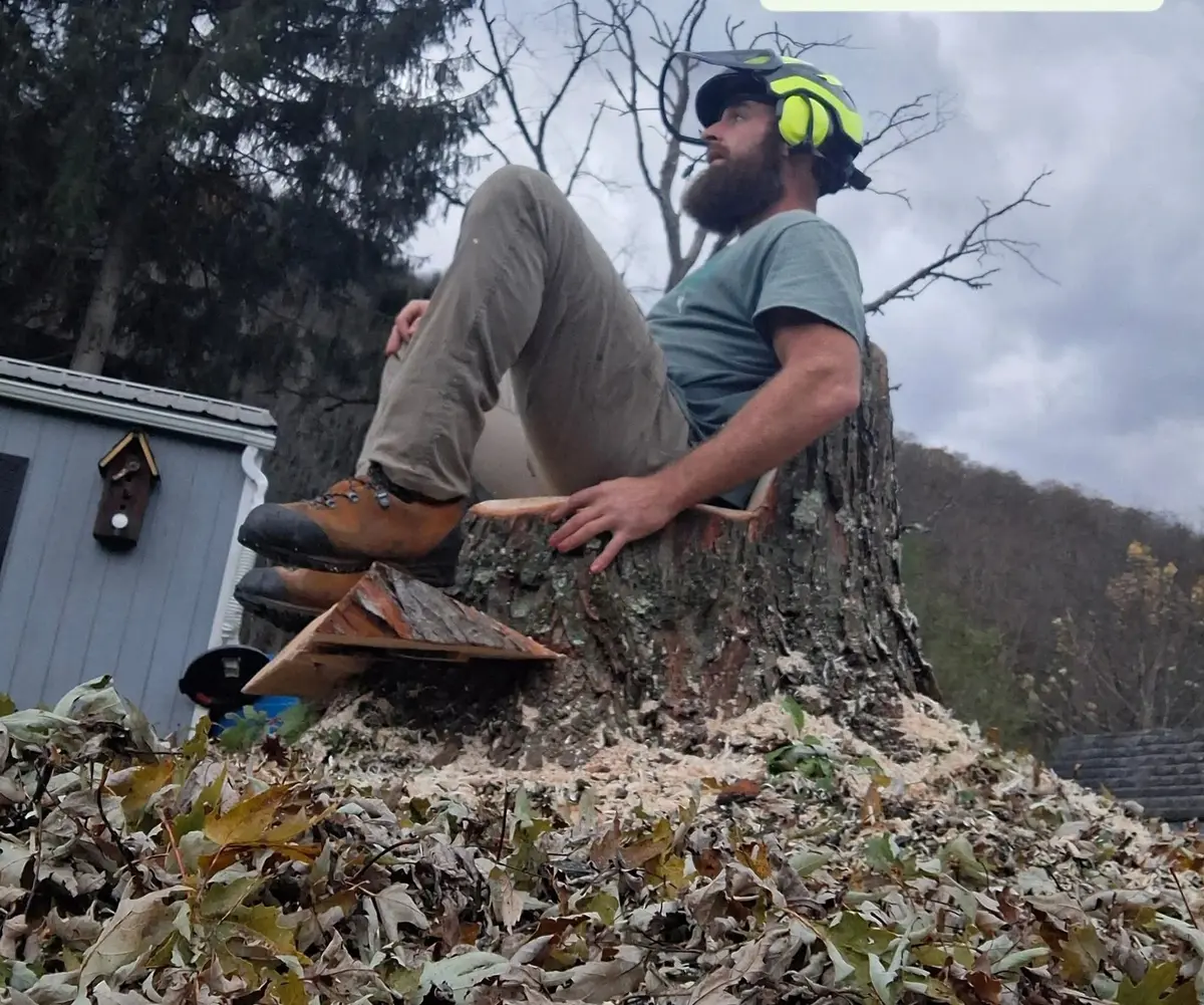 Jason Tubbs, owner of Tubbs Tree Service, sitting on a large stump after a removal